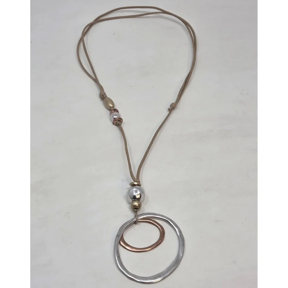 J. Jill Bead Necklace Mixed Silver, Copper Gold Tone Circles Adjustable Cord